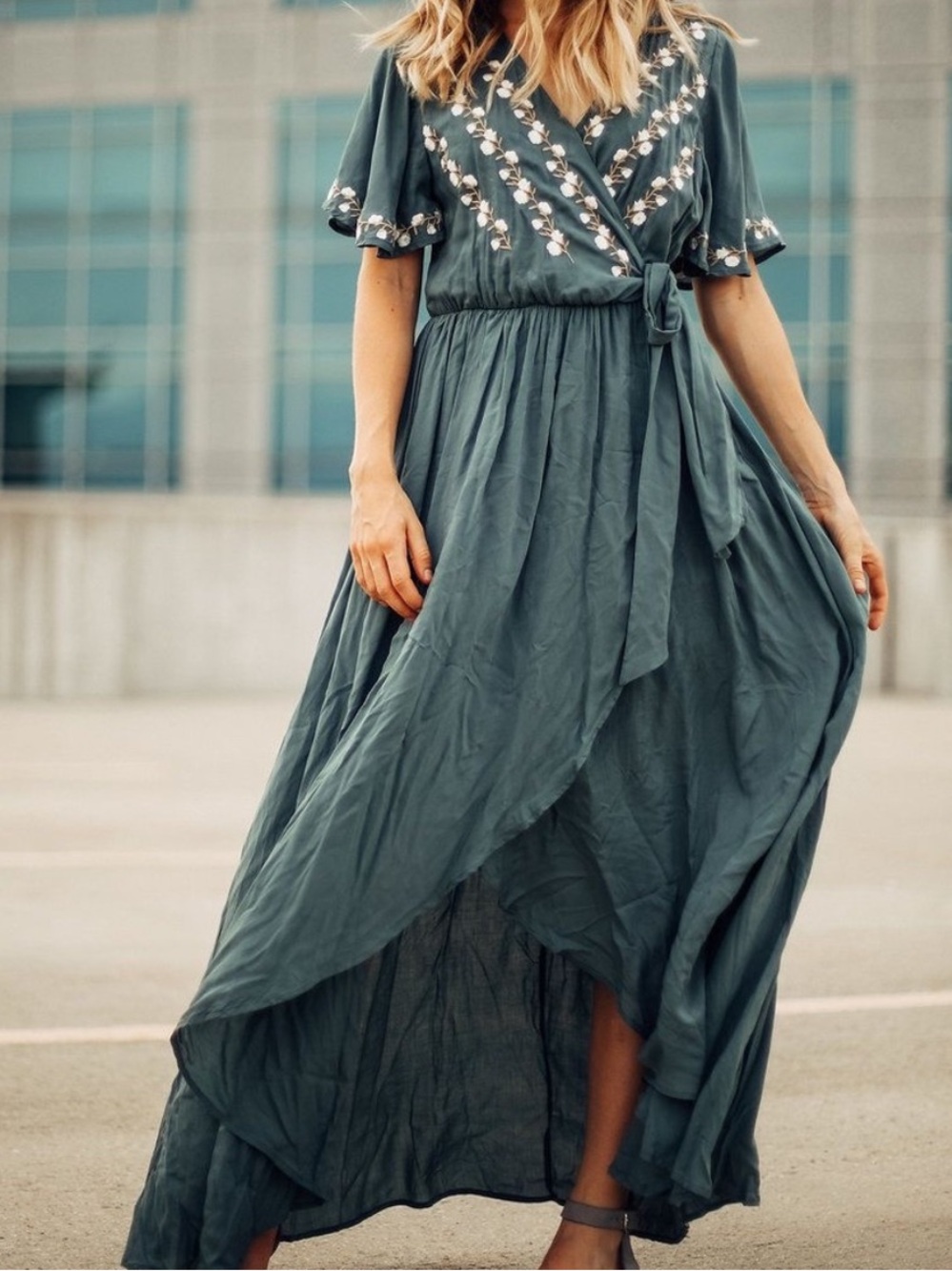 JODIFL Piper and Scoot Parklan Embroidered Maxi Faux Wrap Dress w Flutter Sleeve